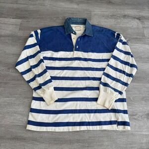 Vintage Whitehawk Striped Rugby Shirt Mens Medium Blue White Denim Collar Cotton